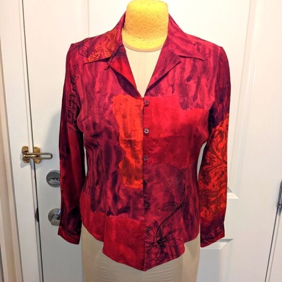 $5 Item! St. Michael Marks & Spencer Size 16 Red Watercolour Floral Blouse - Picture 1 of 10